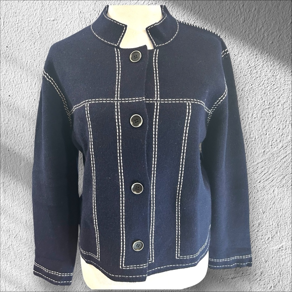 Mette Mette 100% Cashmere Cardigan Blazer‎ Navy White Contrast Stitch Size S/M